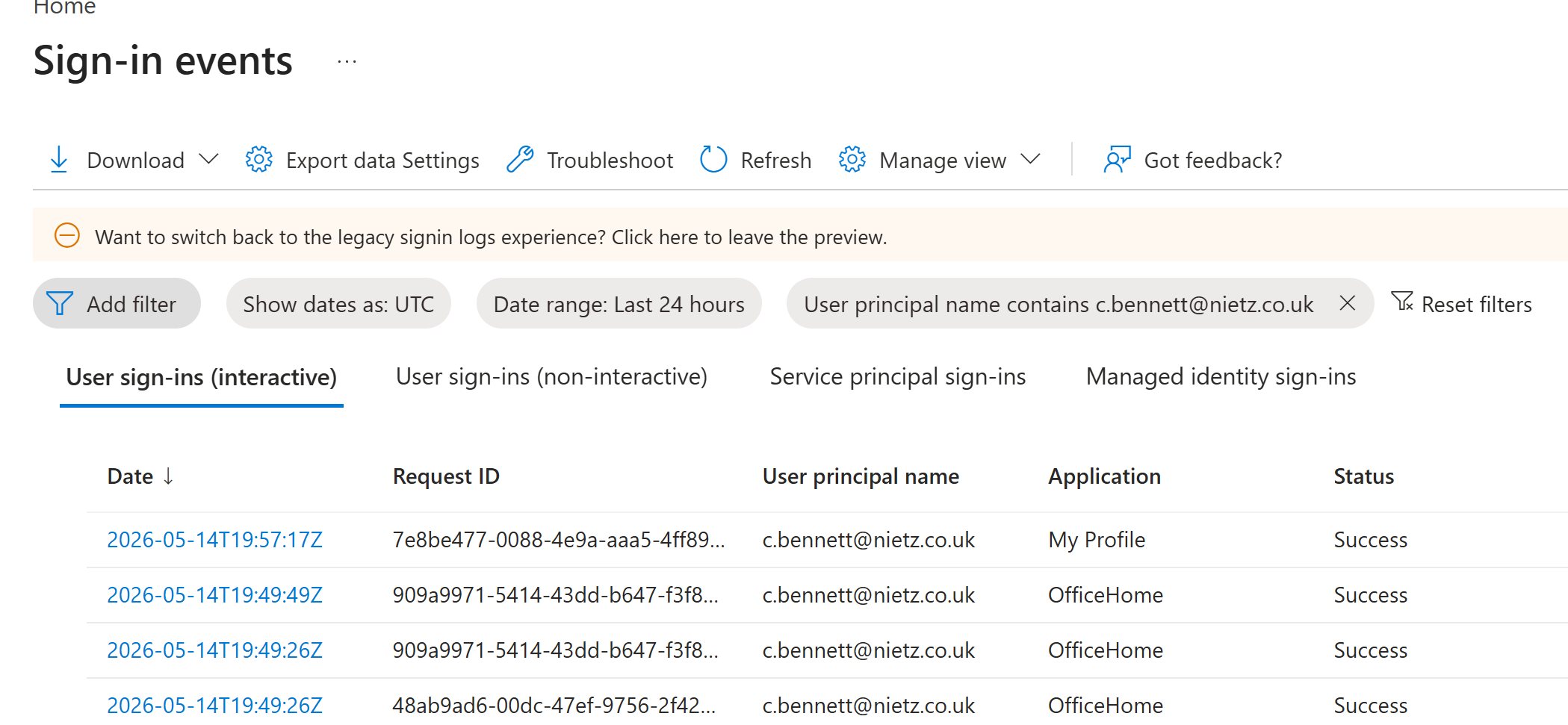Entra sign-in events showing successful sign-ins for c.bennett@nietz.co.uk