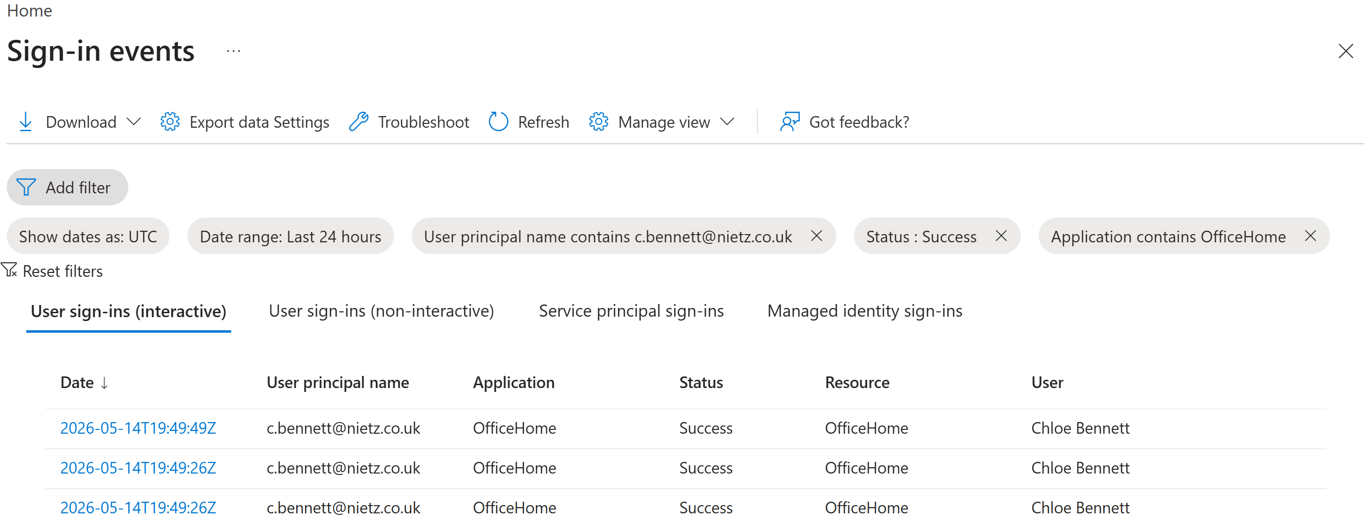 Entra sign-in events filtered to successful OfficeHome sign-ins for Chloe Bennett