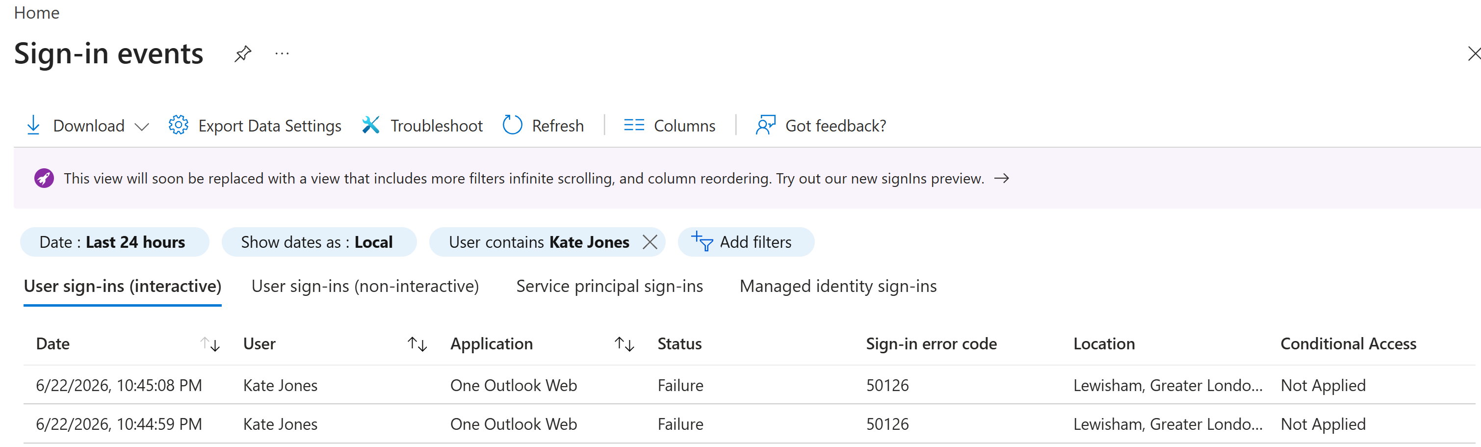 Microsoft Entra sign-in events filtered to Kate Jones showing failed One Outlook Web sign-ins with error code 50126