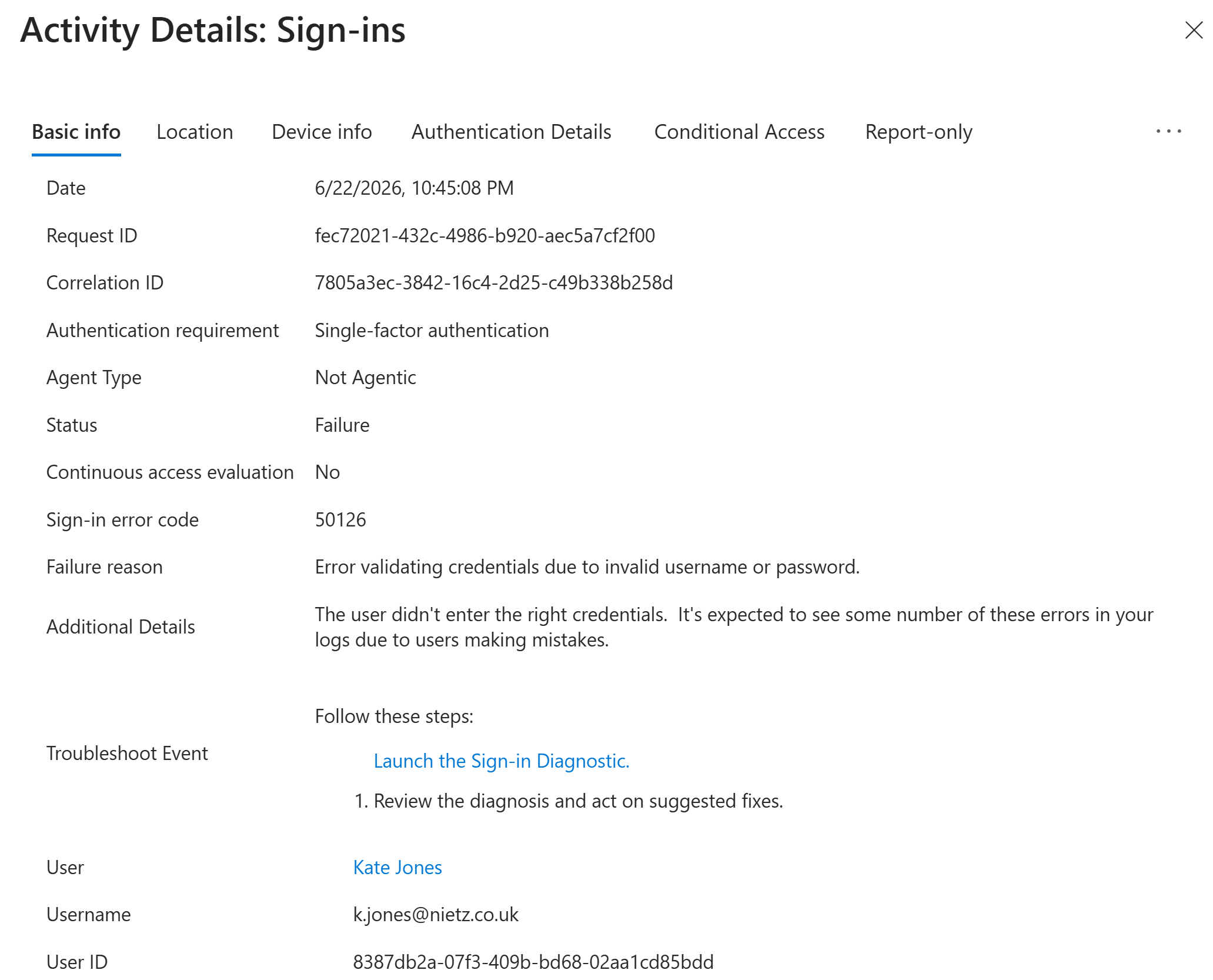 Activity Details Sign-ins page showing Kate Jones failure status, error code 50126 and invalid username or password reason