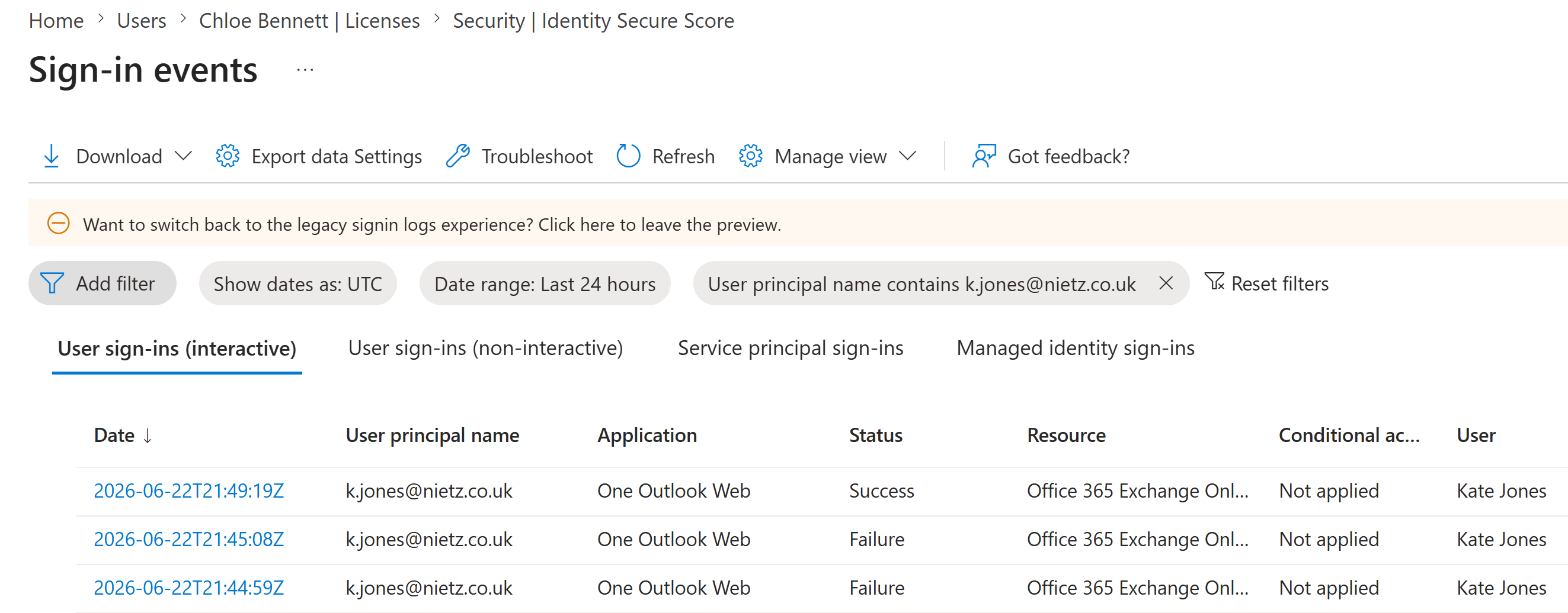Microsoft Entra sign-in events showing Kate Jones successful One Outlook Web sign-in above earlier failed attempts