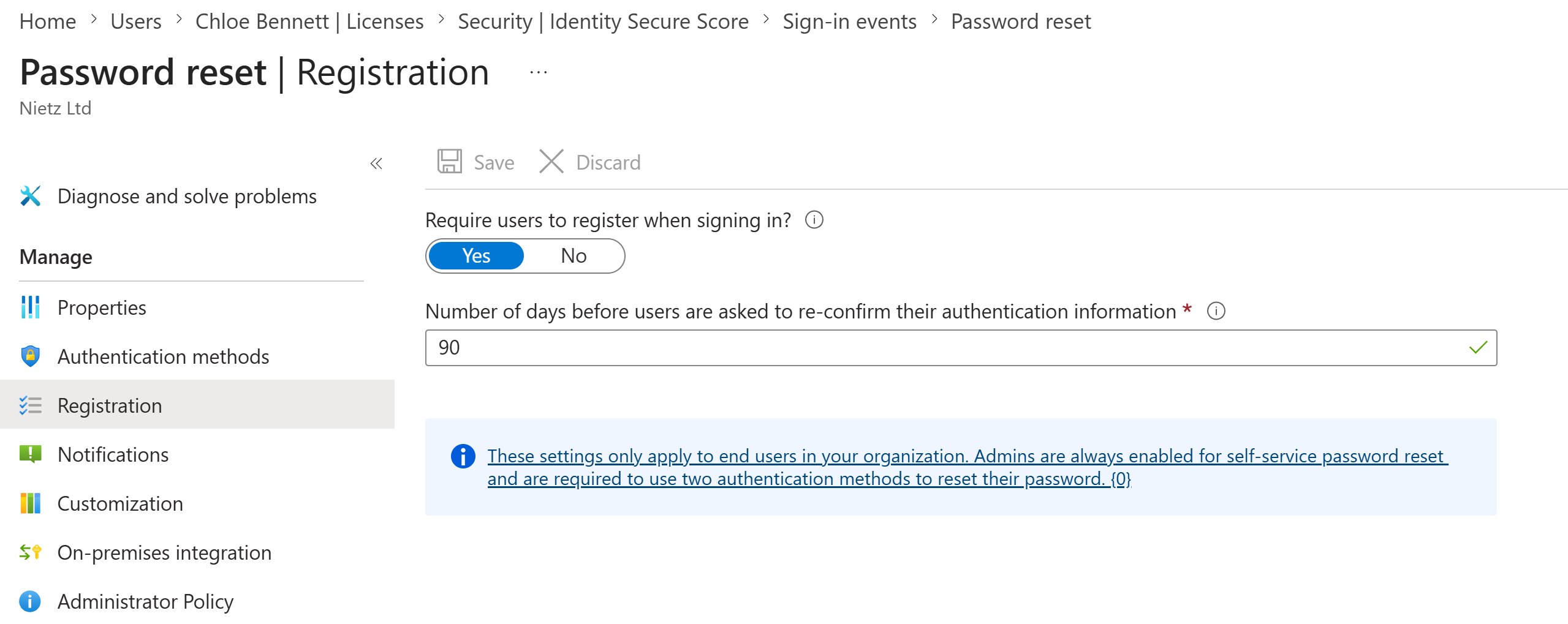 Password reset registration policy showing users required to register when signing in and reconfirm authentication information after 90 days
