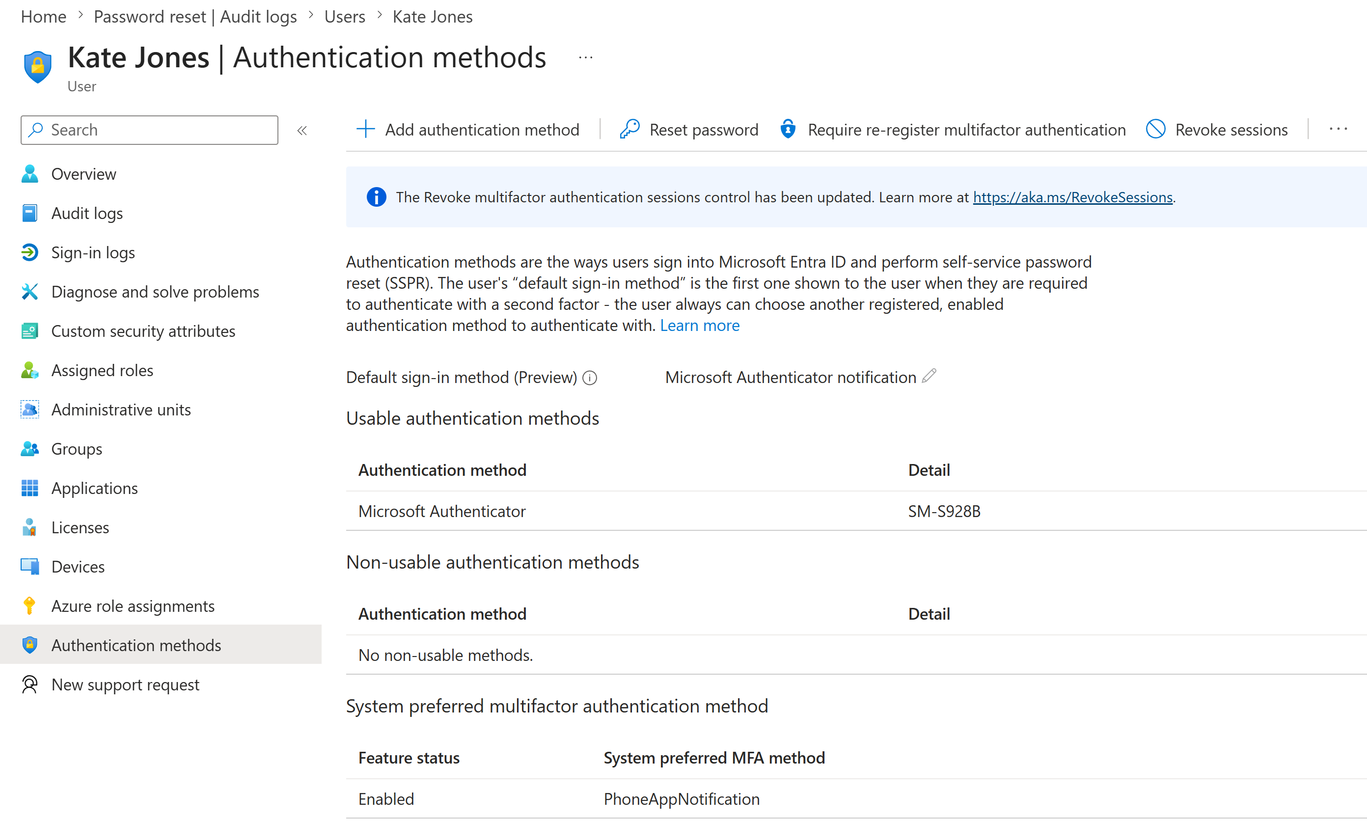 Kate Jones authentication methods showing Microsoft Authenticator as a usable method and Microsoft Authenticator notification as default sign-in method
