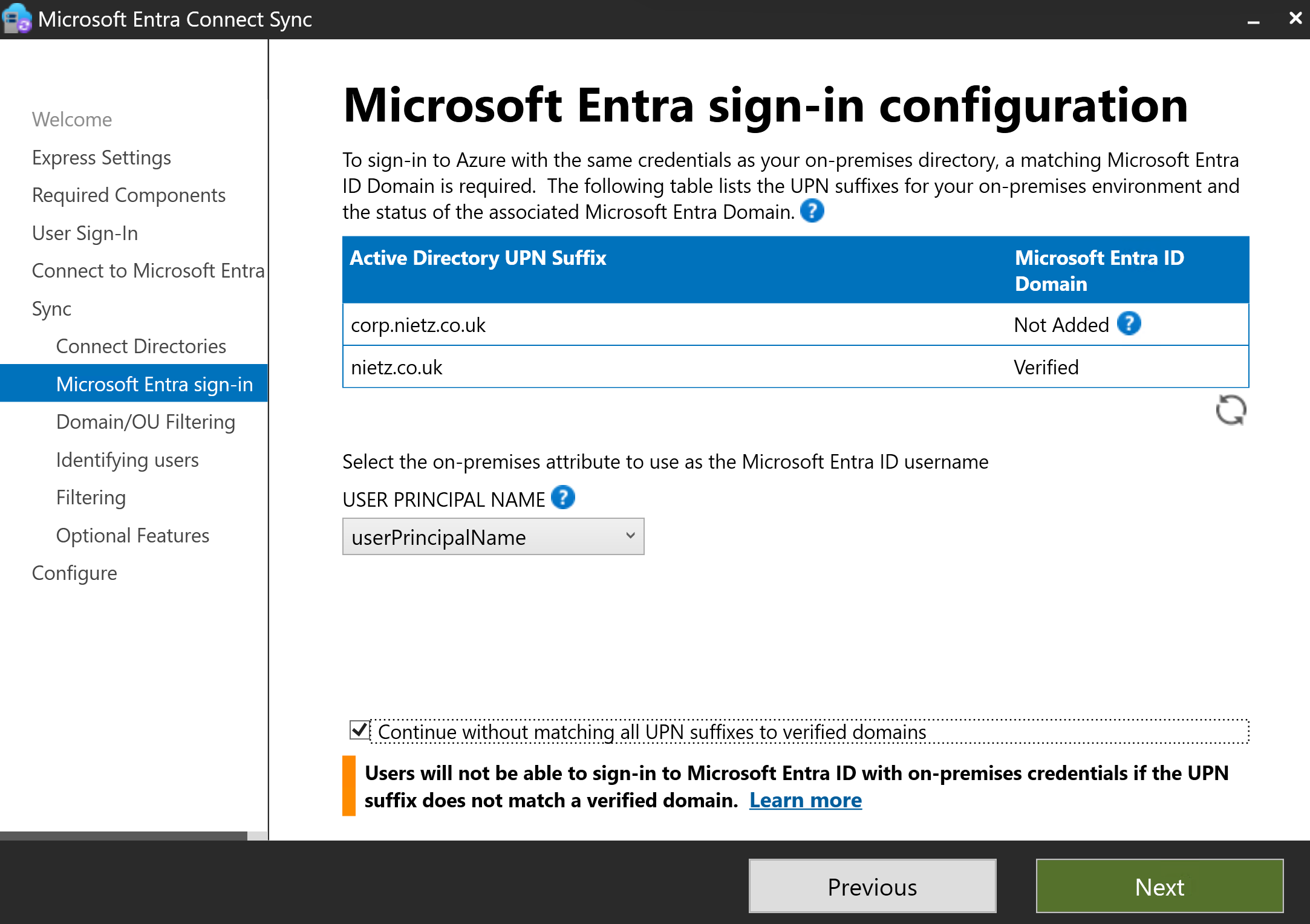 Microsoft Entra sign-in configuration showing corp.nietz.co.uk not added and nietz.co.uk verified