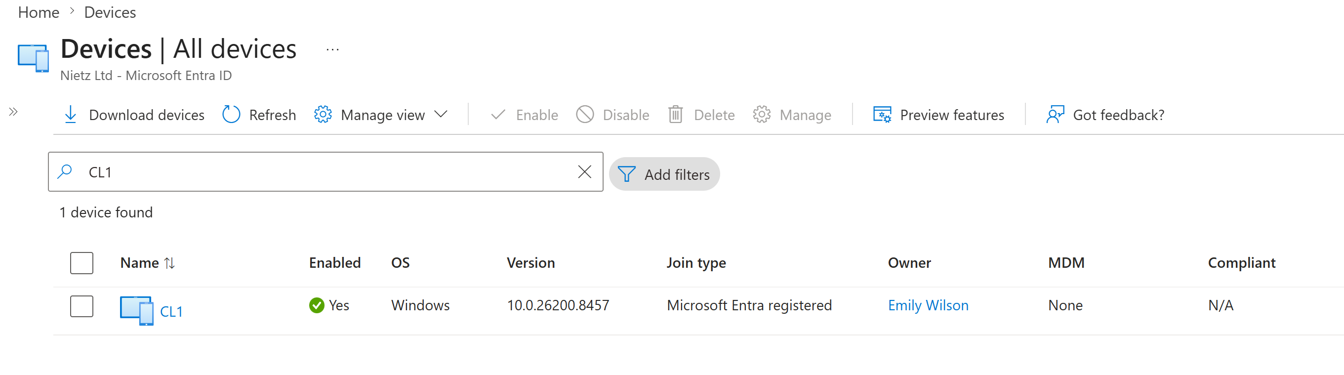Microsoft Entra devices list showing CL1 as Microsoft Entra registered with owner Emily Wilson and MDM None