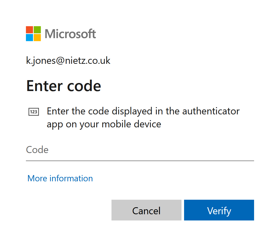 Microsoft sign-in prompt requesting an authenticator app code for Kate Jones