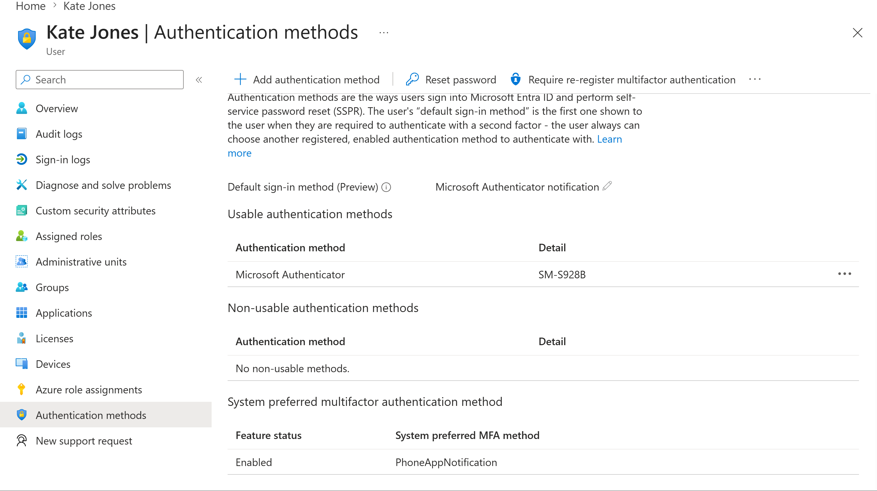 Kate Jones' Entra authentication methods showing Microsoft Authenticator registered on the replacement phone